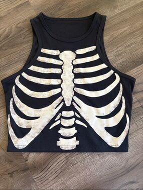 Black Ribbed Crop Tank with White Skeleton Print